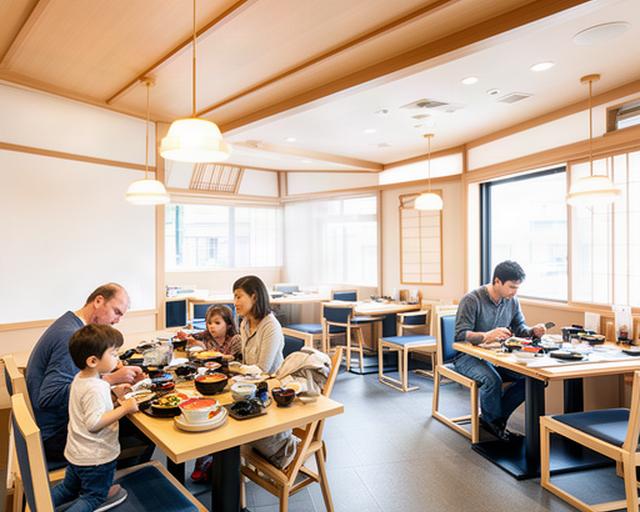 富山の和食店で子ども連れの家族と一人旅の客がそれぞれ落ち着いて食事をする明るい店内