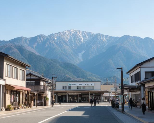 上市駅の駅前通りと立山連峰を望む昼食時間の風景