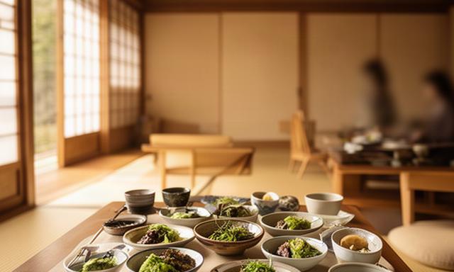 山菜料理を囲む大岩の落ち着いた食事処の店内