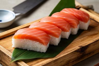富山名物ます寿司を木箱の上で切り分けた料理写真