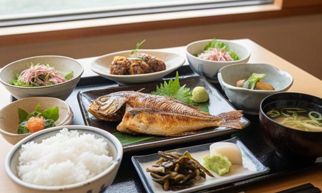 川沿いの食事処で盛り付けられた富山の川魚料理定食